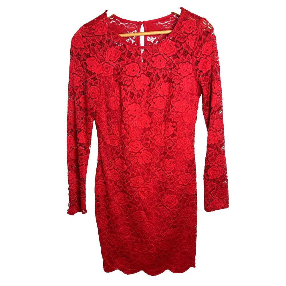 iZ Byer Red Rose Dress Lace Overlay Sz Medium Scalloped Sheer Sleeves Coquette